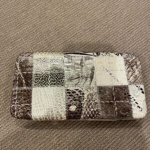 Patchwork Croc-Embossed Clutch in Cream and Brown